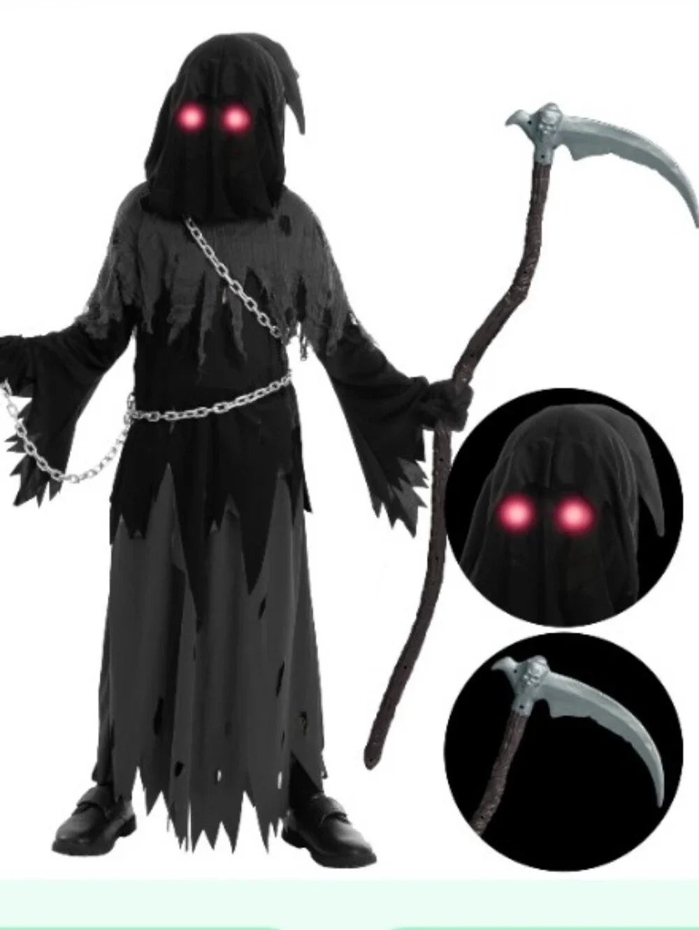 Kids Black Grim Reaper Costume with Glowing Eyes